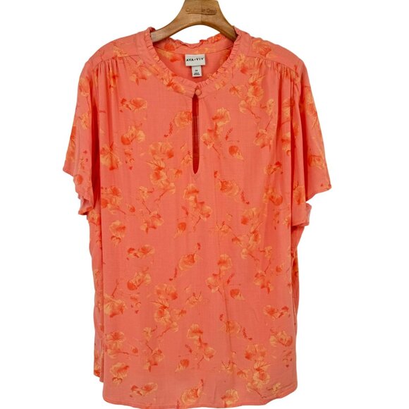 Ava & Viv Women's Plus Size 2X Coral Floral Blouse Rayon short sleeve - Picture 2 of 7